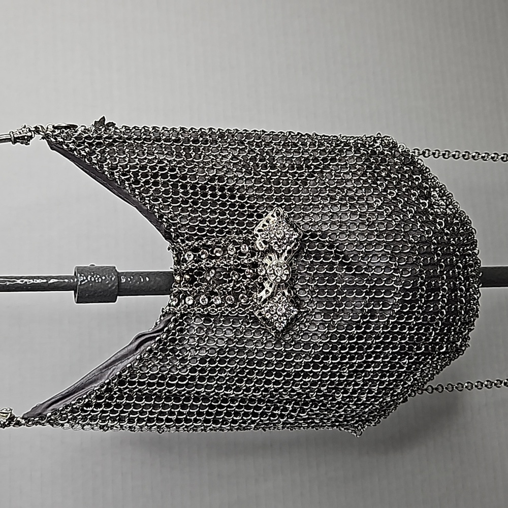 KENNY MA METAL MESH TOP HANDLE VINTAGE EVENING BAG WITH BROOCH FLAP CLOUSURE